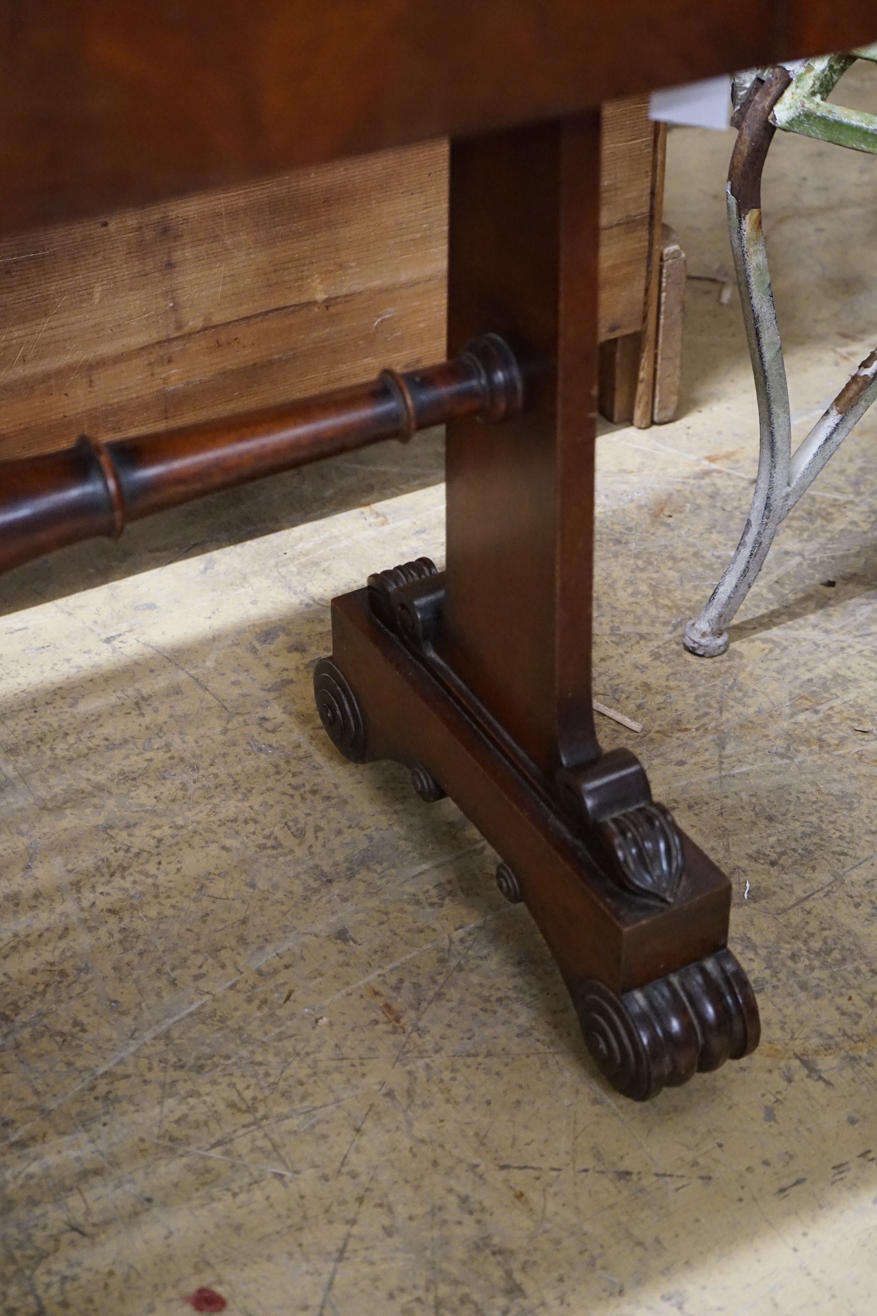 A William IV rectangular mahogany writing table with two side drawers, length 76cm, depth 52cm, height 76cm